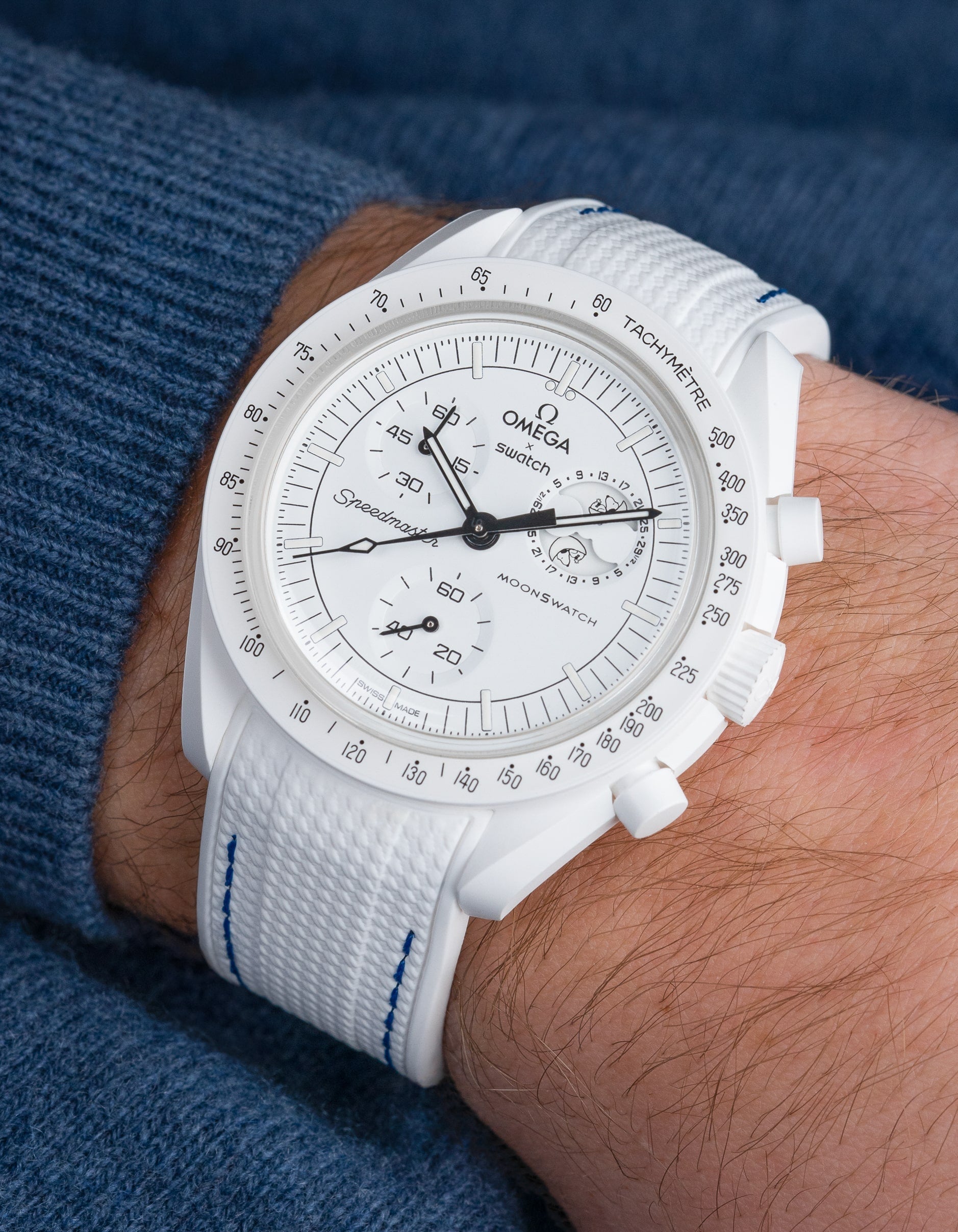 Curved Premium Rubber Strap - White & Blue Stitches
